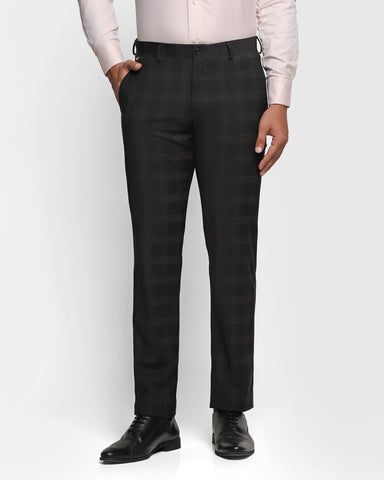 Men Charcoal Grey & Blue Slim Fit Checked Formal Trousers – ManQ